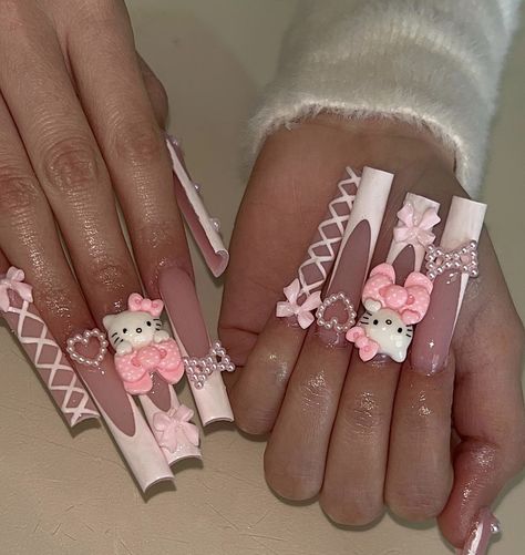 Nails With Money, Long Hello Kitty Nails, Hello Kitty Summer, Stilleto Nails Designs, Kitty Nails, Fake Nails Designs, Charmmy Kitty, Pink Ombre Nails, Long Acrylic Nail Designs