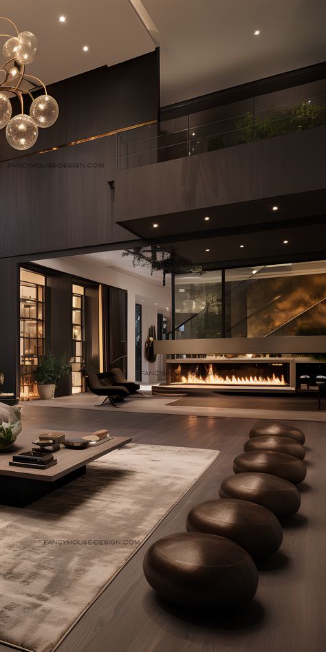 elegant living room of this lavish estate, where grandiosity is evident in every detail of the interior decor. Dark Modern House Interiors, Dark House Interior, Dark Modern House, Dark Interior Design, Mansion Interior, Dark Interiors, Luxury Homes Interior, Luxury Homes Dream Houses, Luxury House Designs