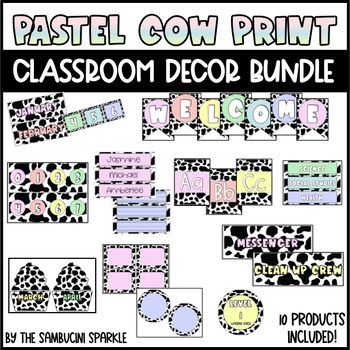 Get ready for the school year by decorating your classroom with this Pastel Cow Print themed decor bundle!Included in this bundle are all 10 sets to my Pastel Cow Print classroom decor line at a discounted price! With the purchase of this bundle, you will receive the following products:Pastel Cow Print Welcome BannerPastel Cow Print Calendar SetPastel Cow Print Editable NameplatesPastel Cow Print Number LinePastel Cow Print Alphabet Line PostersPastel Cow Print Editable Schedule CardsPastel Cow Print Birthday Board Set Pastel Cow Print Editable Labels Pastel Cow Print Class Jobs SetPastel Cow Print Voice Level PostersYou can preview all that is included by clicking the individual product links above.Have fun decorating! Cow Theme Classroom, Cow Print Classroom Theme, Cow Print Classroom, Cowgirl Classroom, Cow Classroom, Pastel Cow Print, Cow Print Birthday, Future Educator, Alphabet Line