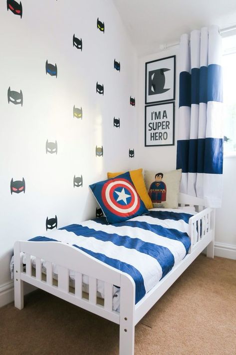 super hero wall decals, pillows and some posters add a cool touch to this room Hero Bedroom, Batman Room, Bedroom Tour, Boy Toddler Bedroom, Superhero Bedroom, Cool Kids Bedrooms, Big Boy Bedrooms, Superhero Room, Toddler Bedroom