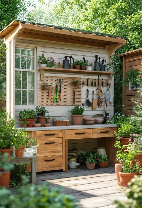 Outdoor Garden Prep Area, Potting Bench Decorating Ideas, Gardening Shed Organization, Outdoor Garden Station, Garden Workshop Interior, Green Potting Shed, Gardening Work Bench, Potting Area Ideas Spaces, Garden Work Bench Potting Station Diy