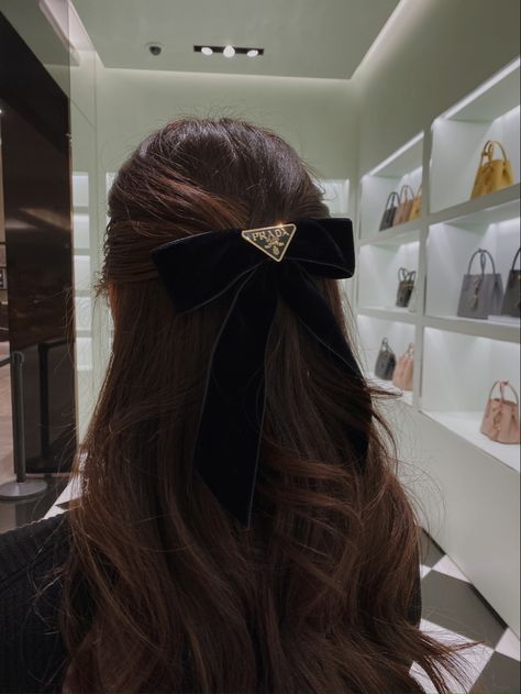 Prada Velvet Bow hair Accessory Hair Accessories Luxury, Chanel Bow Hair, Prada Headband Outfit, Prada Hair Accessories, Prada Hair Clip, Hair Stages, Georgina Sparks, Designer Hair Accessories, Luxury Hair Accessories