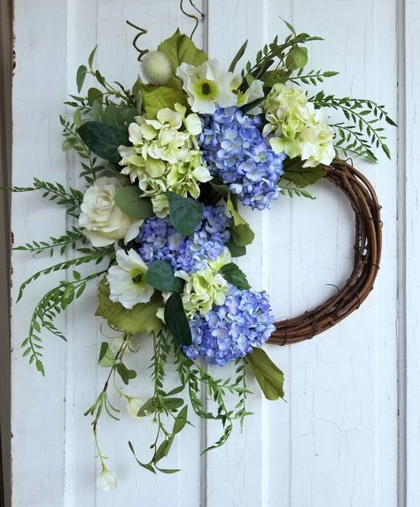 Hydrangea Wreaths, Blue Hydrangea Wreath, Beautiful Door Wreaths, Spring Door Decoration, Silk Wreaths, Poppy Wreath, Floral Door Wreaths, Everyday Wreaths, Spring Things