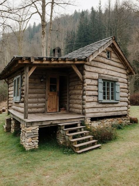 Cabin Style Homes, Log Cabin Rustic, Small Log Cabin, Cabin Tiny House, Building A Cabin, Cabin Living, Little Cabin, Log Cabin Homes, Tiny House Cabin