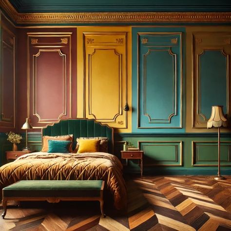 18 Bright Multi-Color Bedroom Ideas: Each Wall, A Different Color Polychromatic Colour Scheme, Vibrant Bedroom Ideas, Maximalist Bedroom Aesthetic, Jewel Tones Interior Design, Creative Workspace Design, Groovy Bedroom, Vibrant Bedroom, Maximalist Bedroom, Color Bedroom