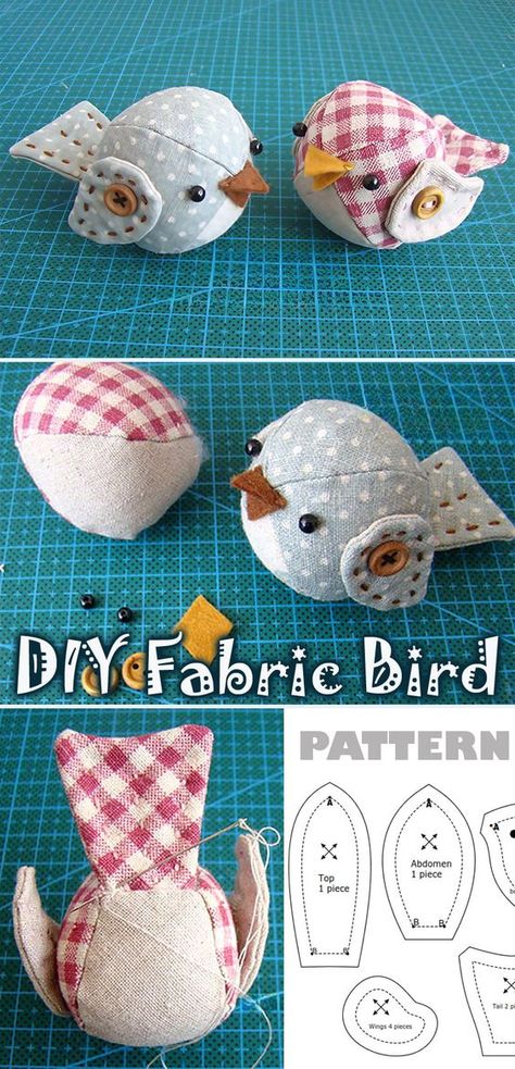 Diy Fabric Bird, Fabric Art Diy, Projek Menjahit, Sewing Machine Projects, Scrap Fabric Crafts, Scrap Fabric Projects, Bird Free, Cute Sewing Projects, Animal Sewing Patterns