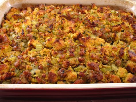 Cornbread Stuffing with Sausage - Gluten Free! Cornbread Sausage Dressing, Cornbread Dressing With Sausage, Dressing With Sausage, Sausage Dressing, Homemade Cornbread Dressing, Sage Chicken, Sausage Cornbread Stuffing, Thanksgiving Casserole, Bread Dressing