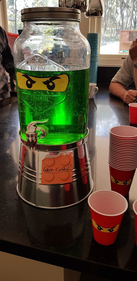 Ninjago party food - green cordial in drink dispenser Lego Ninja Birthday Party, Ninja Lego Birthday Party, Lego Ninja Party, Ninjago Birthday Party Ideas, Ninja Go Birthday, Lego Ninjago Party Ideas, Lego Ninjago Birthday Party Ideas, Ninjago Party Food, Ninjago Birthday Party Food