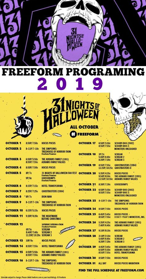 Freeform 31 Nights of Halloween Movie Calendar 2019 – Great Halloween Movies to watch on TV this Halloween! Halloween Movie Calendar, Movie Calendar, Movies For Halloween, Autumn Goals, Halloween Movie Marathon, October Goals, 31 Nights Of Halloween, Halloween Movies List, October Favorites