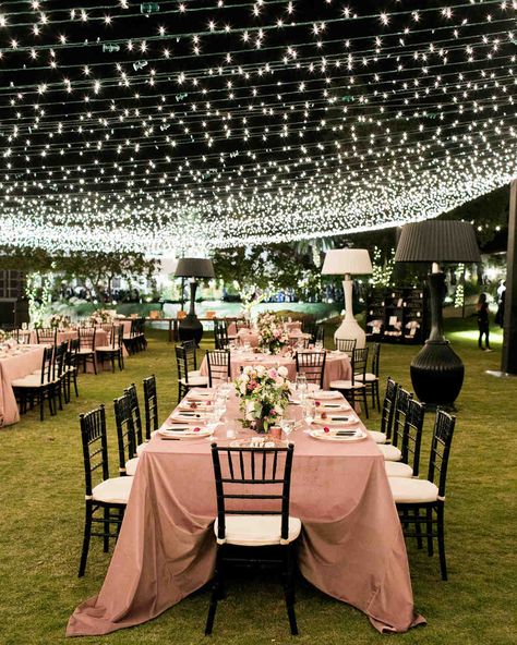 Twinkle Lights Wedding, Lights For Wedding, Fairy Lights Wedding, Wedding Ceiling, Lights Wedding Decor, Bistro Lights, Beautiful Outdoor Wedding, Outdoor Wedding Inspiration, Lights Wedding