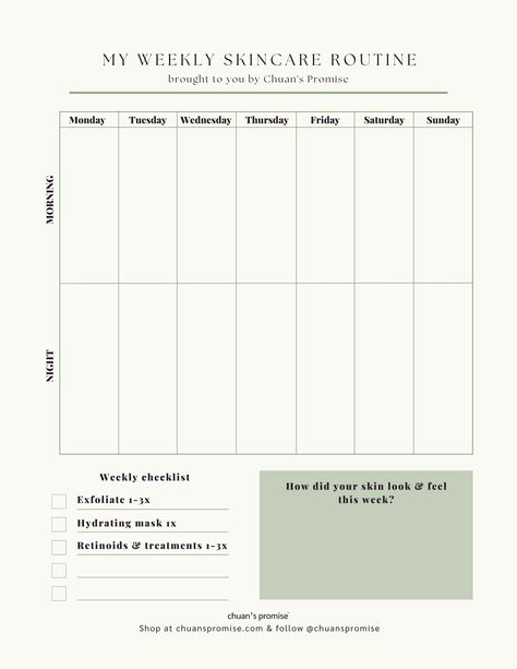 Free Weekly Skincare Routine Planner by Chuan's Promise plannerideas #colorfulplanner #freedigitalnotebook #free2024planner®️. Skincare Checklist Template, Skin Care Routine Calendar, Skincare Routine Timetable, Skin Care Routine Printable, Hair Care Routine Template, Skincare Calendar Template, Skincare Weekly Planner, Skincare Routine Planner Template, Skincare Routine Weekly Planner