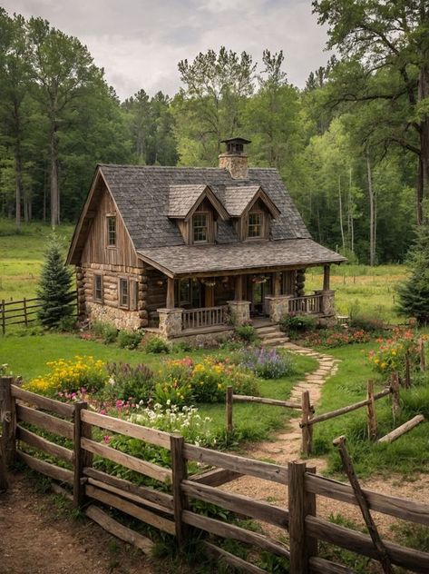 Medium Cottage House, Log Cabin Outside, Rustic Country Home Exterior, Cabin Style Home Exterior, Log Cabin Landscaping, Log Siding Exterior, Cabin Landscaping, Country Home Exterior, Little Cabin In The Woods