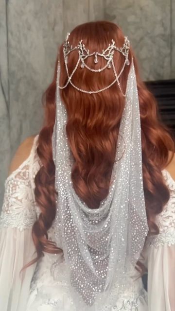 Wedding Looks With Veil, Elvish Inspired Wedding Dress, Fantasy Wedding Dress Elves, Elf Princess Wedding Dress, Elf Dress Wedding, Wedding Veil Cloak, Wedding Hair Down Headpiece, Ethereal Wedding Accessories, Firefly Path Wedding Dress