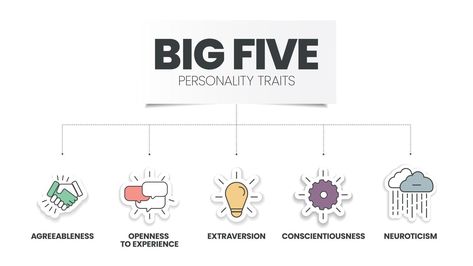 Big Five Personality Traits infographic has 4 types of personality such as Agreeableness, Openness to Experience, Neuroticism, Conscientiousness and Extraversion. Visual slide presentation vector. Types Of Personality, 4 Personality Types, Temperament Types, Big 5 Personality, Big Five Personality Traits, The Big Five, Teaching Esl, Facial Contouring, Organizational Behavior