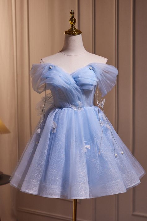 Dama Blue Dresses, Light Blue Dress Quinceanera Damas, Short Quince Dresses Blue, Blue Dama Dresses, Sweet 16 Dresses Short, Prom Dresses Short Blue, Prom Dress Cute, Off Shoulder Tulle, Blue Homecoming Dress