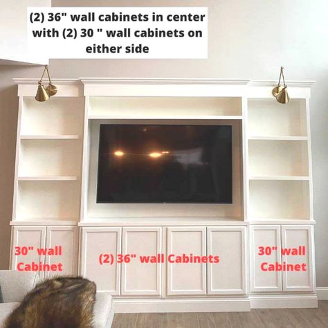 white built in media center with dimensions Diy Built In, Storage Living Room, Tv Built In, Built In Entertainment Center, Built In Shelves Living Room, Diy Entertainment, Living Room Wall Units, Living Room Built Ins, Living Room Entertainment Center