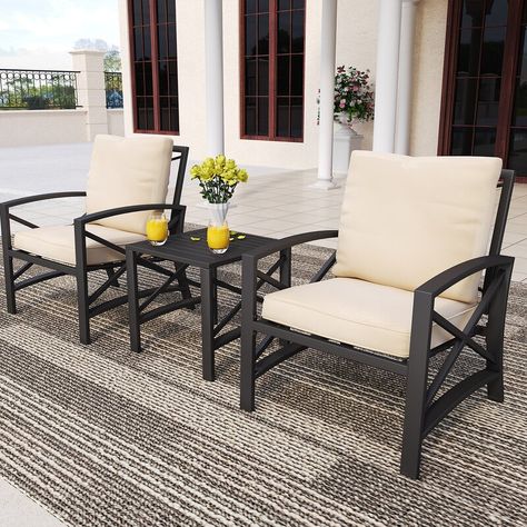 Winston Porter Brisaida Metal 2 - Person Seating Group with Cushions & Reviews | Wayfair Front Porch Seating, Bistro Set Outdoor, Black Outdoor Furniture, Metal Outdoor Furniture, Metal Patio Furniture, Outdoor Conversation Sets, Outdoor Decor Backyard, Conversation Set Patio, Bistro Set