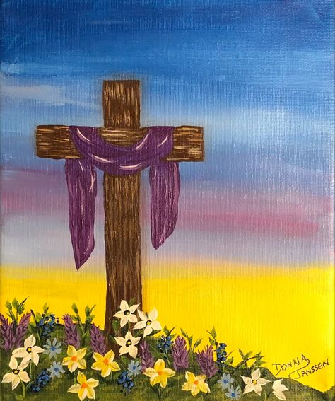 Godly Canvas Painting, Painting Of The Cross, Cross Paintings On Canvas Acrylics, Christian Paint And Sip Ideas, Easy Christian Canvas Art, Easy Cross Painting, Christian Easter Paintings, Easy Christian Painting Ideas On Canvas, Bible Painting Ideas On Canvas