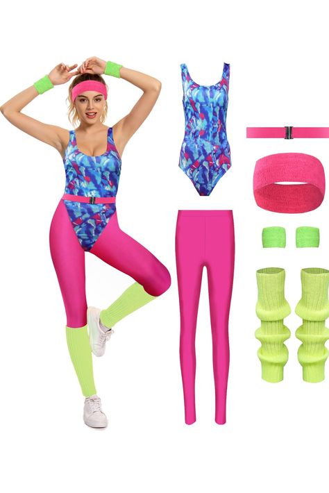 PRICES MAY VARY. MASSWO 1980s Dance Vintage Jumpsuit 1990s Workout Leotard 6 Pcs Retro Party Costumes 80s Halloween Outfit Leg Warmers Set Bodysuit Tight Clothing With Legging Headband Wristbands Bag. Content: The 80s workout outfit includes 1 piece of retro 80s or 90s swimwear, 1 pair of jogging leggings, 1 pair of leg warmers, 1 piece of headband, 1 pair of wristbands, 1 pair of belt, which can satisfy your needs for 80s costume accessories. Material: Stretchy and comfortable, these 80s workou Zumba Costume Ideas, 90s Zumba Outfit, 90s Aerobics Outfit, 80s Dance Costume, 80s Roller Rink Outfit, 1980s Dance Outfit, 80s Yoga Outfit, 80s Workout Halloween Costumes, Work Out Barbie Costume