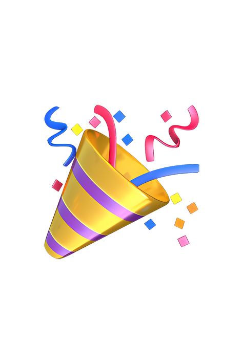 The emoji 🎉 Party Popper depicts a colorful cone-shaped object with streamers and confetti bursting out of it. The cone is typically depicted in shades of yellow, blue, and pink, with the streamers and confetti in various bright colors such as red, green, and purple. The cone is often shown at an angle, with the streamers and confetti shooting out to the right side of the emoji. Overall, the emoji conveys a sense of celebration and excitement. Cone Shape Objects, Celebrating Emoji, Confetti Drawing, Ios Emojis, Party Emoji, Birthday Emoji, Emoji Hat, Phone Emoji, Emojis Iphone