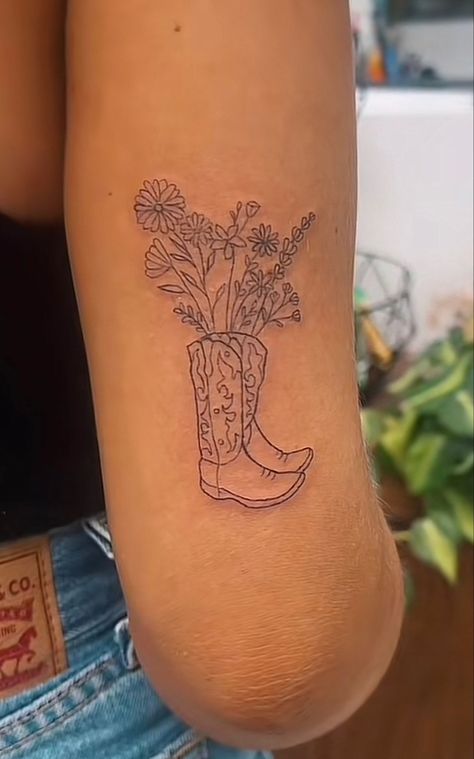 Goodbye Earl Tattoo, Tattoos Medium Sized, Woman’s Patchwork Sleeve Tattoo, Cowgirl Boot Tattoo Small With Flowers, Til You Can’t Tattoo, Flower Boot Tattoo, Antlers Tattoos For Women, Flower Antler Tattoo, Women Tatoos Ideas With Meaning