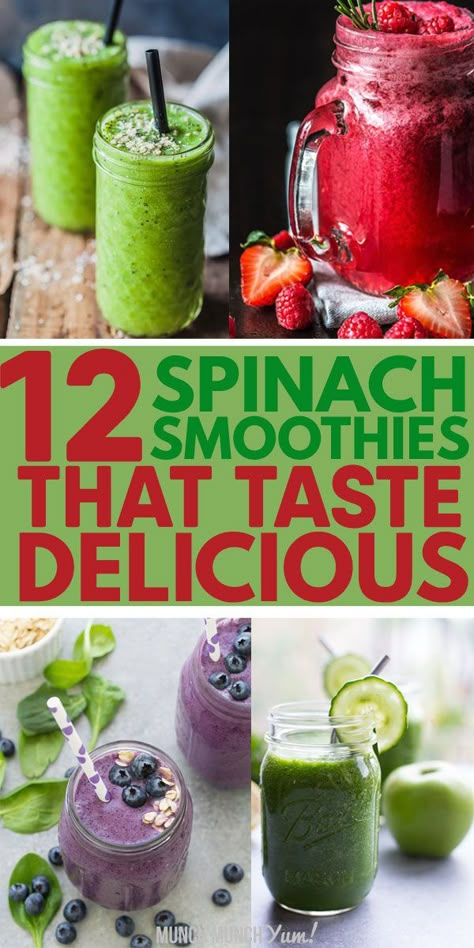 Best SPINACH SMOOTHIE recipes! Healthy for weight loss, protein, detox, energy or other benefits. Sweet frozen green drinks that taste good even for kids with ingredients like peanut butter, strawberry, pineapple, banana, blueberry, blackberry, raspberry, mango, chocolate, apple, peach, berry, greek yogurt, orange, avocado, other fruit, ginger cucumber, kale, almond milk, oatmeal and more. Easy, delicious smoothies that are simple to prep for breakfast in a bowl. Low carb, keto, dairy free ... Best Spinach Smoothie Recipe, Spinach Smoothie Recipes, Smoothies Vegan, Veggie Smoothies, Fruit Smoothie Recipes Healthy, Smoothie Recipes Strawberry, Protein Smoothies, Protein Smoothie Recipes, Kale Smoothie