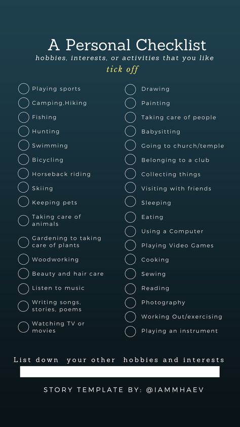 Personal Checklist (hobbies,interest) Instagram Story Templates Personal Interests List, Personality Checklist, Check Only What You Did This Year List 2023, 2023 Checklist Instagram Story, Interests And Hobbies List, Life Goals List, Instagram Questions, Instagram Story Questions, What To Do When Bored