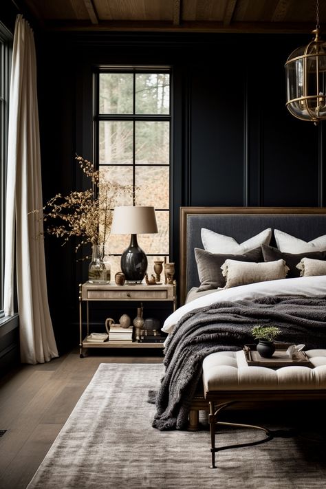 Wall Colors For Dark Wood Floors Master Bedrooms, Colorado Bedroom Ideas, Black Romantic Bedroom, Iron Ore Bedroom, Moody Master Bedrooms Decor, Moody Primary Bedroom, Moody Romantic Bedroom, Moody Room, Moody Bedroom Ideas