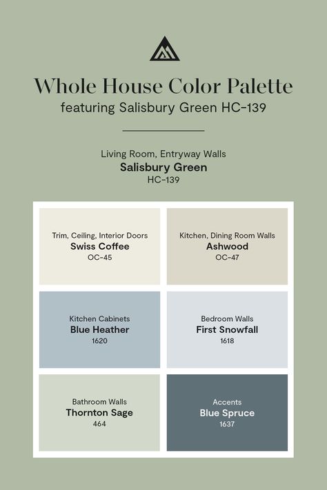 Bring the outdoors in with a nature-forward whole house color palette built around Benjamin Moore's Salisbury Green HC-139, a muted blue-green with prominent gray tones. Get started with color samples now online or at your locally owned store. Sage And Blue Palette, Blue And Green Coordinating Paint Colors, Whole House Color Palette Green, Waterbury Green Benjamin Moore, Sage Green House Color Palette, Blue Green Paint Palette, Blue Green Home Color Scheme, Sage And Gray Color Palette, Thorton Sage Benjamin Moore