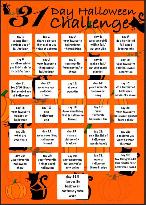 Halloween Challenge 30 Day, Things To Do Every Day Of October, Things To Do On October 1st, Things To Do On Halloween By Yourself, October 31 Day Challenge, Stuff To Do In October, October Fun Calendar, 31 Days Of October Challenge, 30 Day October Challenge