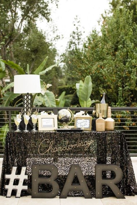 Keep the party going all night with a glamorous champagne bar. Wedding Cocktail Bar, Bar Wedding Reception, Cocktail Station, Cocktail Party Decor, Gold Wedding Reception, Reception Bar, Drink Display, Bubbly Bar, Champagne Party