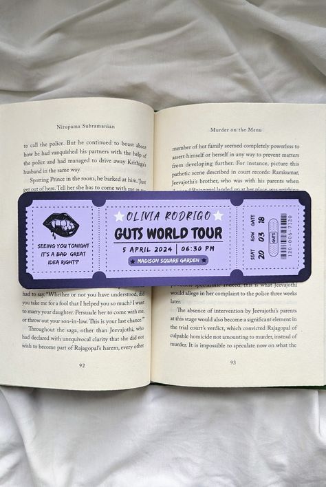 Guts Tour ticket bookmarks, lyrics from Olivia 's song Bad Idea right? Guts Tour Tickets, Spotify Bookmark, Guts Tickets, Eras Tour Bookmark, Guts Tour Aesthetic, Olivia Rodrigo Bookmark, Concert Tickets Aesthetic, Concert Ticket Design, Preppy Books