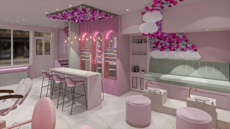 This beauty salon is so bold and flawless, the space features elements of nature with the combination of clouds, flowers, raindrops and rainbows. All together this adds depth to the beauty salon and we feel has worked amazingly. Pastel Beauty Salon, Beauty Salon Decor Luxury, Spa Design Interior, Beauty Bar Ideas, Ideas Decoracion Salon, Spa Interior Design, Nightclub Design, Nail Salon Decor, Nail Salon Design