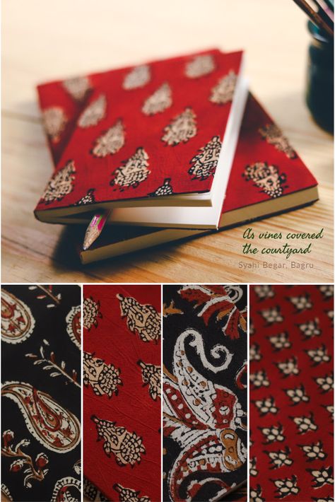 The Syahi Begar black and red designs on gossamer white cloth adorned the Safa turbans or Angochha shawls of men of the local community. Buti sprigged floral motifs stamped upon softly coloured or white backgrounds graced Jaipur court society. #diary #syahi #begar #stationary #fabric #cover #colorful #indian #notebook #gaatha #red #black Red Embroidered Fabric With Motifs For Diwali, Red Traditional Embroidered Fabric, Bengali Book Cover Design, Diwali Red Embroidered Fabric With Motifs, Traditional Red Self-design Embroidered Fabric, Diary Cover Design, Handmade Diary, Diary Covers, Notebook Cover Design