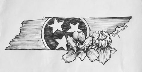 Tennessee tattoo design with the state flower. A beautiful way to honor the best state in the us. Tn Tattoo Tennessee, Tennessee State Flower Tattoo, Tennessee Flag Tattoo, Tennessee Drawing Ideas, State Of Tennessee Tattoo, Tennessee Flower Tattoo, Tennessee Outline Tattoo, Tennessee Inspired Tattoos, Tennessee Tristar Tattoo