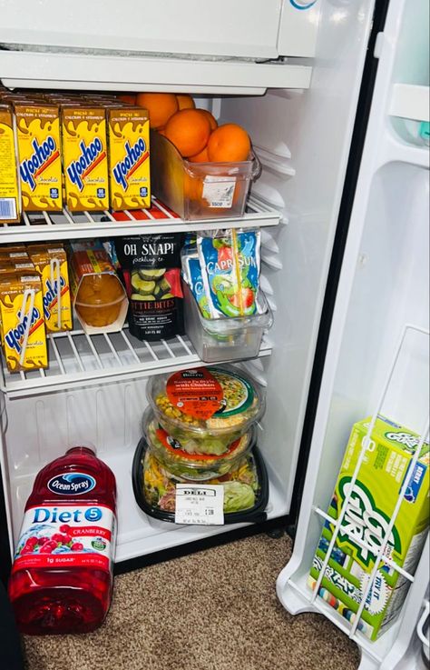 Dorm Mini Fridge Food, Mini Fridge Inspo Food, Work Mini Fridge Stock, Snacks To Put In A Mini Fridge, Rooms With Mini Fridge, Mini Fridge Aesthetic Food, Snacks For Bedroom, Mini Fridge Ideas Food, Mini Snack Fridge