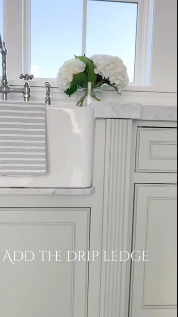 Farm Sink In Laundry Room, Farmhouse Sink Drip Edge, Drip Ledge Under Farm Sink, Drip Ledge Under Sink, Equestrian Kitchen, Farrow Ball Light Blue, Bathroom Downstairs, Under Kitchen Sink, Kitchen 2023