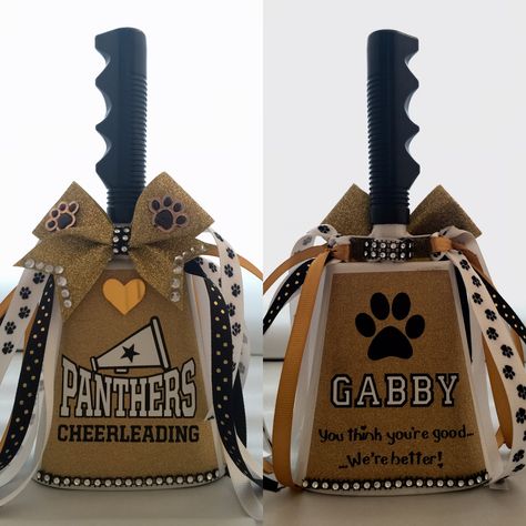 Spirit noise maker cowbell. #cowbell #cheerleading #noisemaker #vinyl @cricut  Create Out Loud brand 10 inch cow bell Cheerleading Noise Makers, Noise Makers Cheerleading, Homecoming Noise Makers, School Spirit Noise Makers, Cheer Competition Noise Makers, Diy Cowbells For Football, Cow Bells Football, School Spirit Cowbells, Cheer Cowbell Ideas