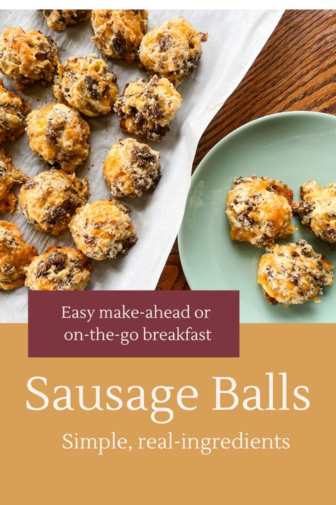 Easy make-ahead or on-the-go breakfast sausage balls. Real ingredients and simple to make, you will want to add these to your regular breakfast rotation. Sausage Balls Breakfast, Dairy Free Sausage Balls, Healthy Sausage Balls, Sausage Breakfast Balls, Breakfast Sausage Balls, Breakfast Rotation, Breakfast Meatballs, Cheese Sausage Balls, Breakfast Balls