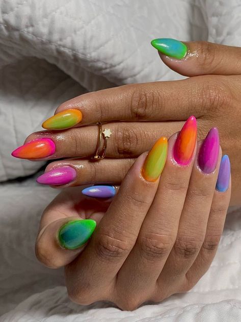 Summer Nail Art 2024, Art Personality, Nail Design Glitter, Rainbow Nail Art, Aura Nails, Tree Nails, Colorful Nails, Vibrant Nails, Glow Nails