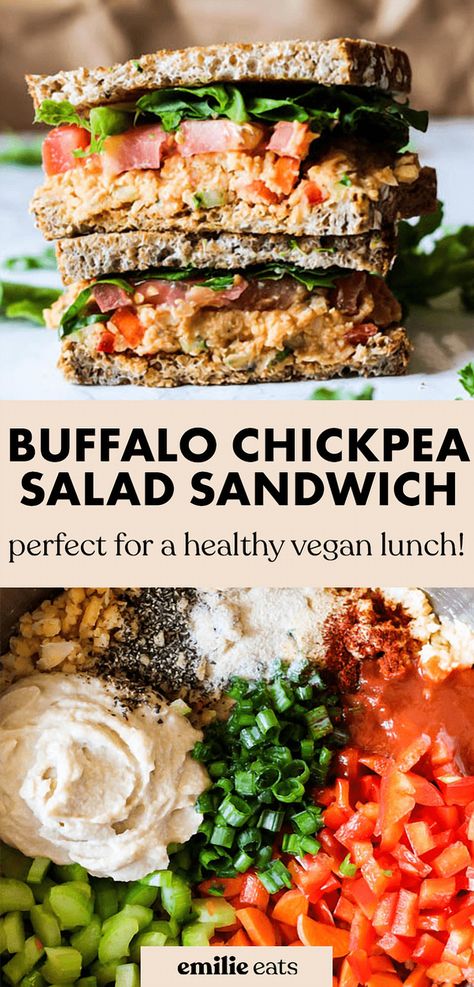 Elevate your lunch game with this Spicy Chickpea Delight, a bold twist on the classic salad sandwich. Packed with protein-rich chickpeas and infused with the tangy heat of buffalo sauce, this sandwich is a flavor explosion in every bite. Perfect for those who crave a little spice in their day, it's a satisfying and healthy option that's easy to prepare. Whether you're meal prepping for the week or looking for a quick and tasty lunch, this buffalo-inspired creation is sure to become a favorite. Buffalo Chickpea Salad, Recept Sandwiches, Buffalo Chickpea, Chickpea Salad Sandwich, Vegan Lunch Recipes, Vegan Mayonnaise, Veggie Sandwich, Vegan Lunches, Chickpea Recipes