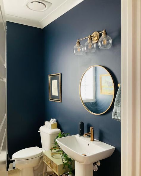 Naval Sherwin Williams Bathroom, Navy Painted Bathroom, Sherwin Naval, Sw Naval Bathroom, Sherwin Williams Naval Bathroom, Navy Bathroom Paint, Sherwin Williams Blue Bathroom, Navy Half Bathroom, Navy Half Bath