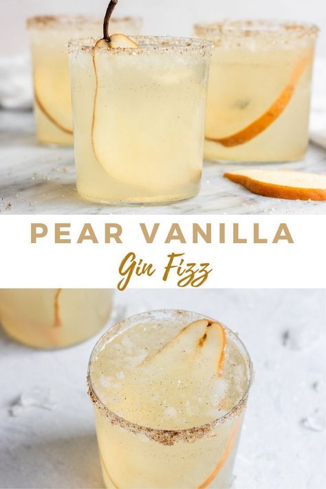 Pear Cocktails, Christmas Homescreen, Christmas Homemade, Gin Fizz, Boozy Drinks, Vanilla Syrup, Fancy Drinks, Mixed Drinks Recipes, Cocktail Drinks Recipes