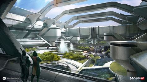 Mass Effect is a prime example of more utopian future look. Brian Sum, Scifi Interior, Sci Fi Building, Sci Fi Architecture, Spaceship Interior, Sci Fi City, Sci Fi Environment, Futuristic Interior, Futuristic Art