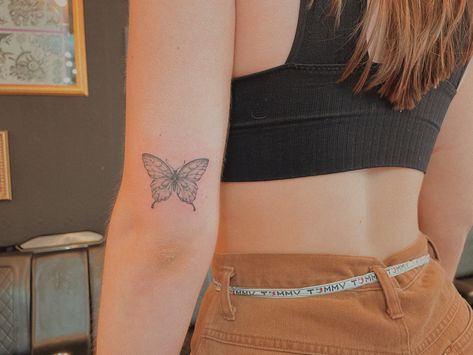 Above Elbow Butterfly Tattoo, Butterfly Tattoo Behind Elbow, Butterfly Elbow Tattoo Open Close, Butterfly Tattoo Above Elbow, Behind The Elbow Tattoo, Behind Elbow Tattoo Women, Above Elbow Tattoos For Women, Tattoo Above Elbow, Above Elbow Tattoo