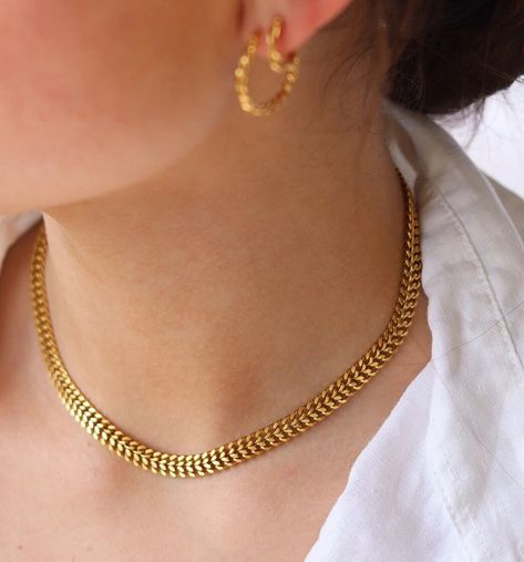 Gold plated Stainless steel  17 inch + 1.7 inch Girls Gold Chain Design, Girls Gold Chain, Woven Choker, Choker Gold Necklace, Gold Coin Jewelry, Pure Gold Jewellery, Chunky Choker, Choker Gold, Gold Chain Design