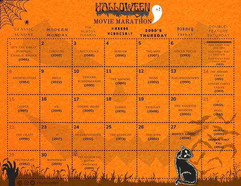 Get ready for a spine-chilling extravaganza with our Halloween 2023 Movie Marathon Calendar! 🎃🎬 Dive into a world of frights, thrills, and supernatural delights as we bring you a lineup of must-watch films that will leave you on the edge of your seat. From classic horror to modern disney, this calendar promises a hauntingly good time for all Halloween enthusiasts. With heart-pounding suspense and hair-raising scares, this movie marathon will ignite your Halloween spirit like never before. Scary Movie Calendar, October Scary Movie Calendar, October Movie Calendar, Halloween Movie Marathon Aesthetic, Halloween Movie Calendar, Halloween Calendar Ideas, Fall Movie Marathon, Halloween Marathon, Halloween Movie Marathon