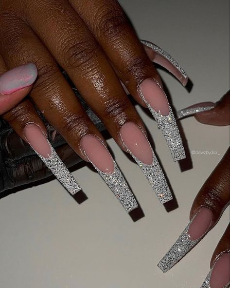 Glitter Frenchies, Bling Nail Art, Feather Nails, Long Acrylic Nail Designs, Exotic Nails, Long Acrylic Nails Coffin, Acrylic Nails Coffin Pink, Nails Only, Long Square Acrylic Nails