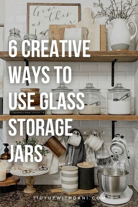 Want to know what to do with empty glass jars? Here are 6 creative glass storage jars ideas for kitchen storage, laundry detergent, home decor, and more! Glass jars for laundry detergent. Glass jars for pantry storage. Glass jars home decor. Glass jars decorating ideas. Glass jars for kitchen storage. Glass jars ideas. Glass Jars For Kitchen Storage, Clear Jars In Kitchen, Apothecary Glass Jars, Kitchen Storage Jars Ideas, Pantry With Glass Jars, Giant Jar Ideas, What To Store In Glass Jars, Things To Put In Glass Jars Display, Organizing With Jars