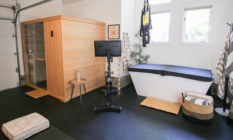 Small Sauna Room Ideas, Home Gym And Sauna Ideas, Sauna In Home Gym, Basement Sauna Room, Cold Plunge Sauna Room, Home Gym Cupboard, Cold Plunge Room Ideas, Home Gym Water Station, Garage Wellness Studio